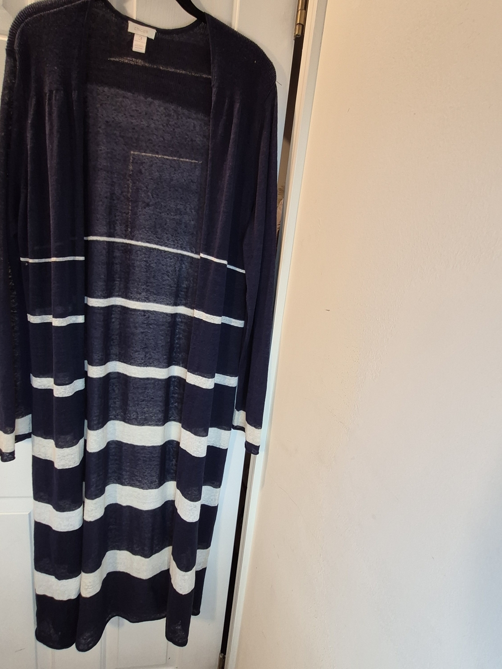 Chico's Navy and White Striped Maxi Duster - Cardigan - XL Chico's Size 3